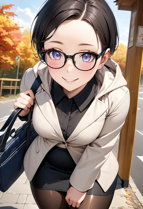 RAWphoto,photorealistic,8k16k,best quality,perfect anatomy,perfect detailed,ultra highres, extremely detailed eyes and face,gleaming skin,shiny skin,1girl,Japanese,black short hair,pixie cut, (wearing glasses:1.3),(parted bangs,forehead:1.2),round face,med...