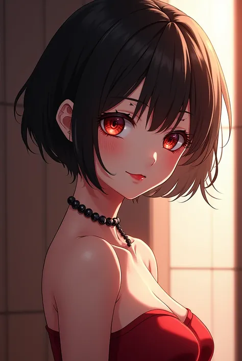 Short hair, Black hair, Red eyes, , gentle smile, Red lips, Mole under the eye,  playful , Beaded necklace, Anime,  sexy,Tall,Model, high resolution,  Flare Models, 