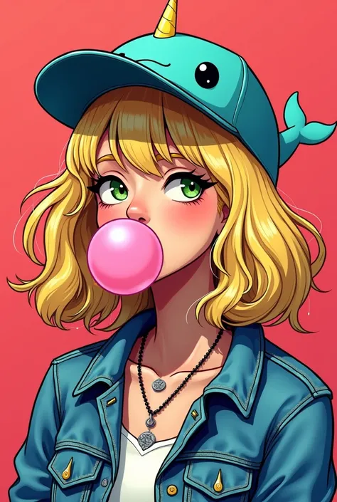  Create a pop art cartoon to be my profile picture on YouTube.  It has to be of a girl , blonde,  green eyes,  Chanel hair , casual style, With a dull look ,  80s denim clothes ,  blowing the bubble gum ,  with a narwhal cap on her head . It has to be simp...