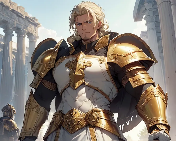 Masterpiece, HD, High Resolution, High Quality, Best Quality, Super Detailed. Solo character alone. Science fantasy art. “Warhammer 40K aesthetic”.
{{(A 1000-years-old roman-emperor-demigod warrior-paladin:(appearance: short-curly-blonde-hair. White-laurel...