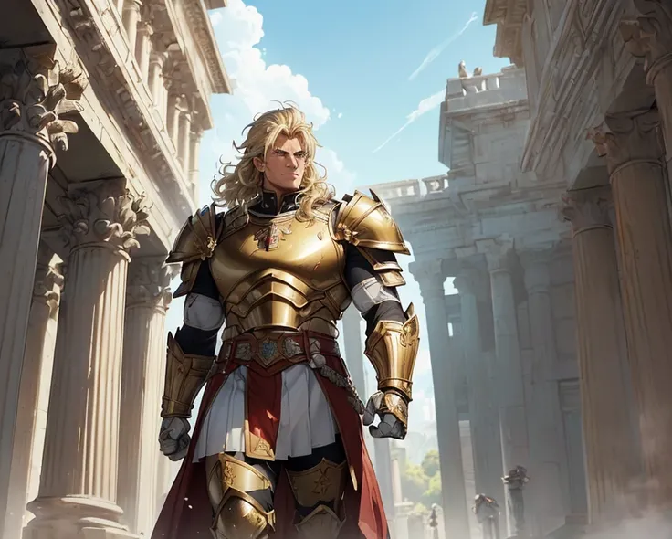 Masterpiece, HD, High Resolution, High Quality, Best Quality, Super Detailed. Solo character alone. Science fantasy art. “Warhammer 40K aesthetic”.
{{(A 1000-years-old roman-emperor-demigod warrior-paladin:(appearance: short-curly-blonde-hair. White-laurel...