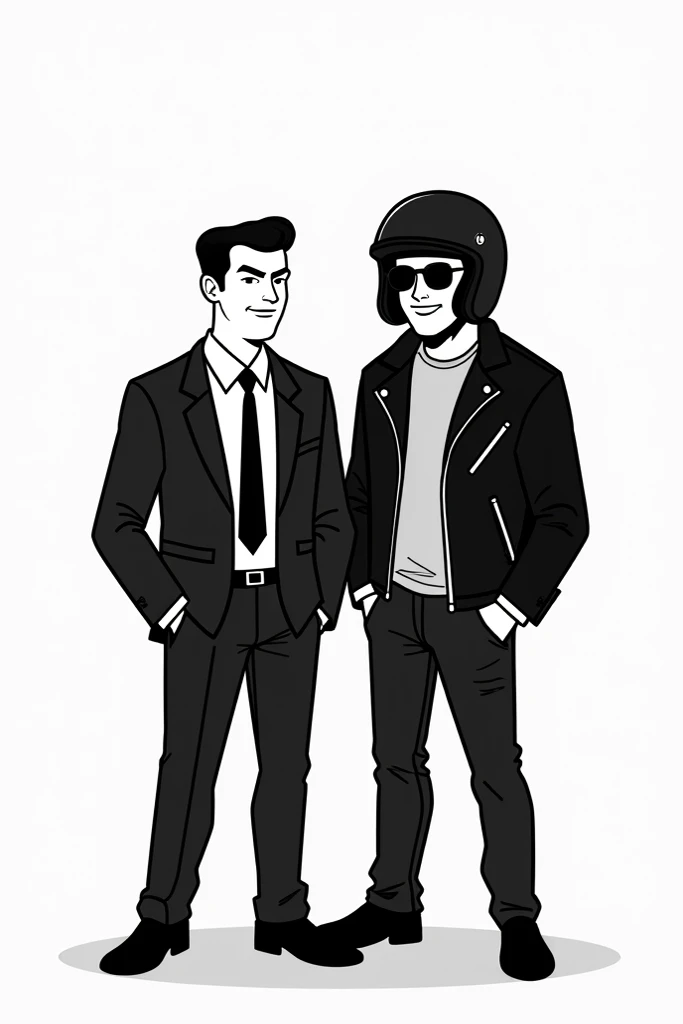 simple black and white clipart of twin mans, one angry in suite and second one clothed in lether jacket, motorcycle helmet and sunglasses smiles