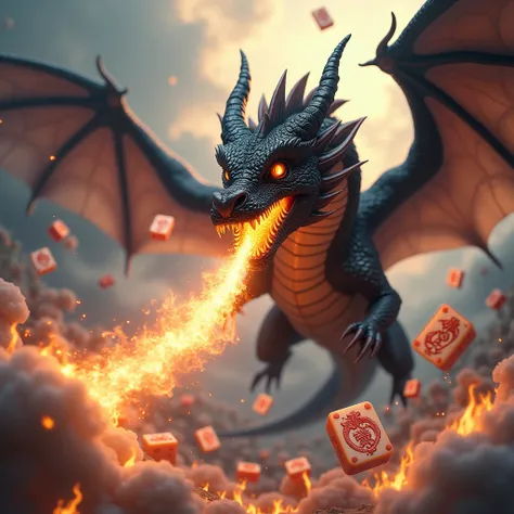 black dragon flying and spitting fire, with mahjong seeds in the background, bonus, maxwin, full hd, 3D