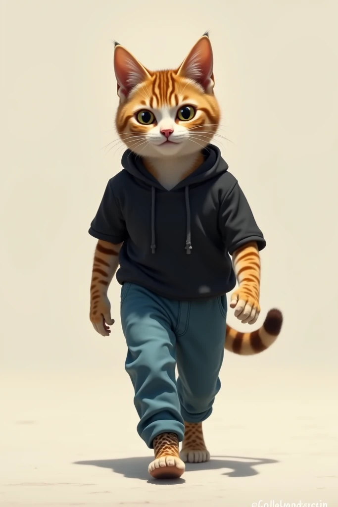 Create an emotional walking cat wearing a black shirt and blue pants