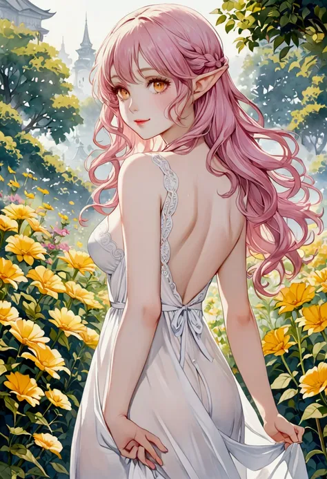 SFW, masterpiece, Best Quality, High resolution, 1girl, Full body, Details Girl, detail hands, Detail fingers, Detail Face, detail legs, elf, smog, watercolor paiting, pale skin, Petite, pink hair, Long hair, Wavy Hair, smile, yellow eyes, tareme, full bre...