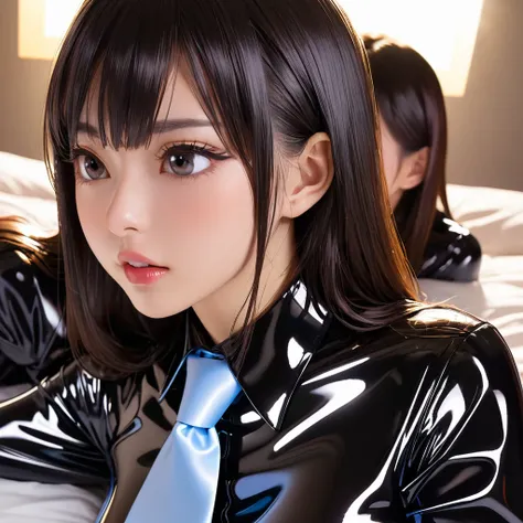 2 Japanese girls buttoned in extremely tight shiny latex blouse, Necktie,Lens reflection, Reflected light, Are in bed , Cock Blowjob 