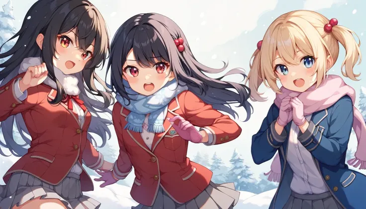 Winter country park 、 its snowing、Three girls、,small breasts,black hair、 semi-long hair、hair bobbles、 full of bangs、White blouse with red ribbon、  high colored blazer uniform 、( duffle coats)、gray checked skirt, medium pleated skirt , pink mitten gloves ho...