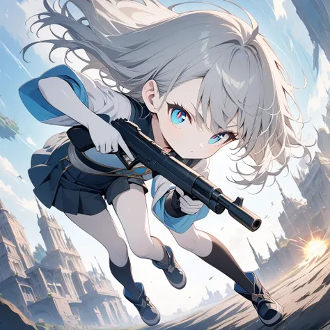 Masterpiece, high quality, detailed background, anime, petite, full body, beautiful face, long eyelashes, white skin, blue eyes, thin legs, gray hair, black tights, slit eyes, pointing gun, big eyes, near future world, science fiction, rugged expression, b...