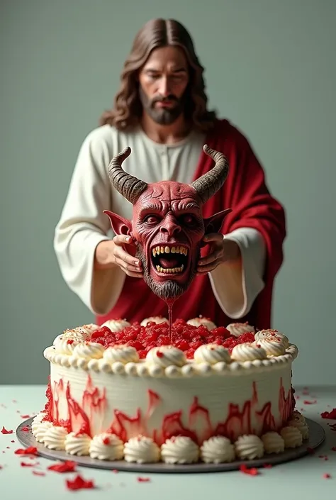 I created an image of Jesus holding the devils head on top of a birthday cake, 3d image