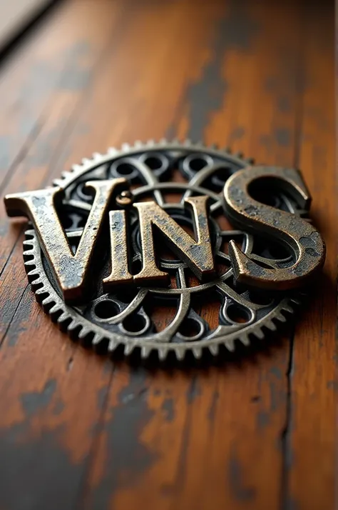 A 3D logo with the text "VinSpire”. The text is made of metallic cogs and is placed on a wooden background. The cogs are slightly elevated, giving a 3D effect. The logo has a vintage feel. The letter V and S should be in uppercase.