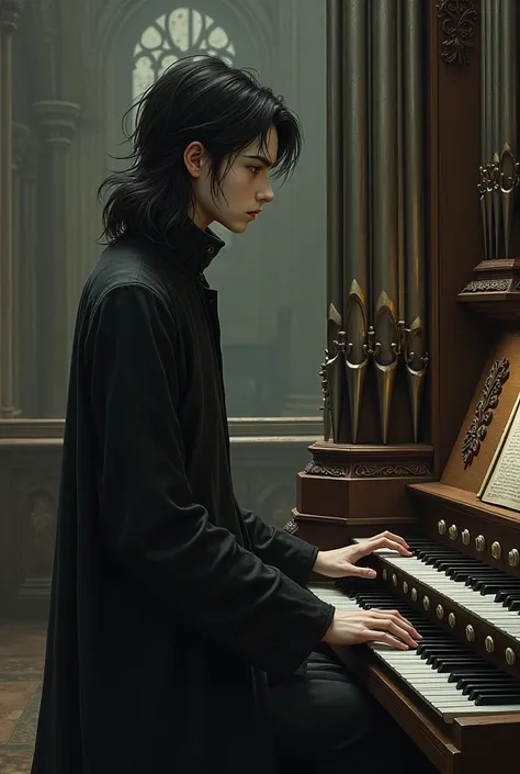 a tall boy,Gothic and pale with long hair ,  big and black a big nose seen from the front, Playing the instrument organ 