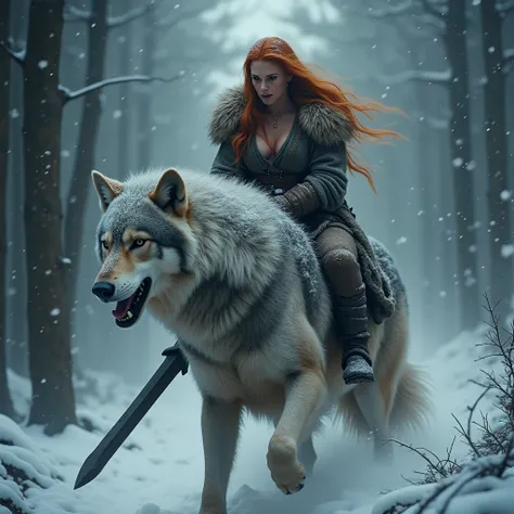 (best quality, 4k, 8k, high definition, masterpiece: 1.2), ultra-detail (Realistic,photoRealistic,photo-Realistic:1.37) nsfw, A female Viking - warrior with big open breasts riding a massive grey wolf through a snow covered forest. The Viking is wearing a ...