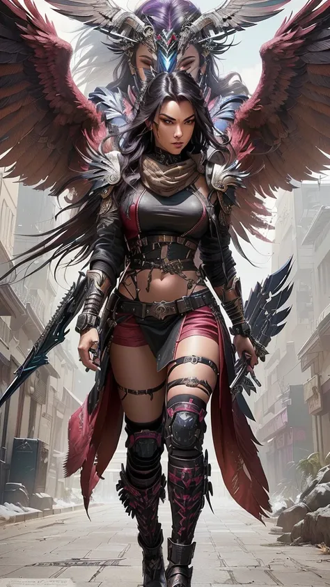 a close up of a woman with a sword and wings on a street, cyberpunk angry gorgeous goddess, avian warrior, raven winged female vampire, cyberpunk angry gorgeous druid, stylized urban fantasy artwork, valkyrie style character, artgerm julie bell beeple, bea...