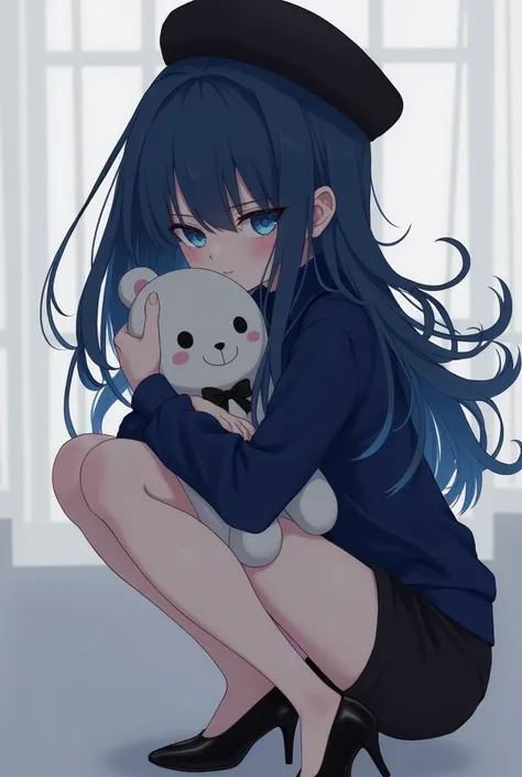 Female character with long dark blue hair ,  dark blue eyes,  dark blue shirt with long sleeves ,  black shorts , wearing a black beret and black heels hugging a plush toy of the character Mitsuri