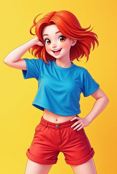 red - haired girl in a blue shirt and red shorts is posing with her hand on her head