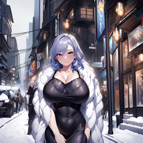 Anime, high detailed, 1 woman, mature woman, big Breasts, Wearing a tight shine black dress, fur coat, Elizabeth Mably ((from Freezing)), in a nighty city