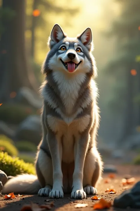 Wolf facing up smiling with its tongue out