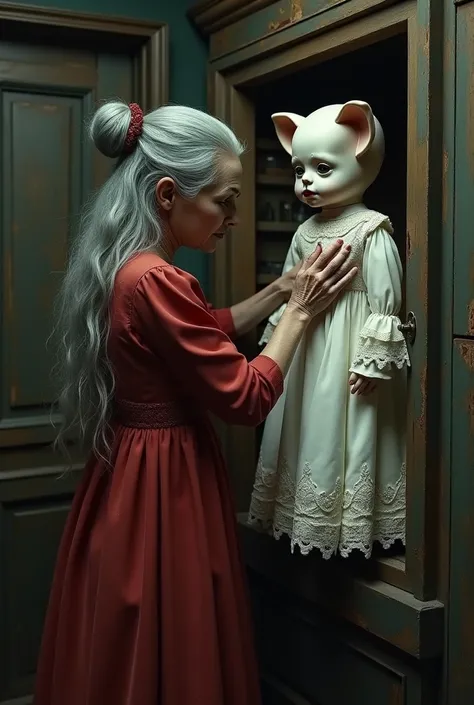 Elderly looking grandmother in a long red dress with long hair and a bun is putting on a creepy pig doll with a white dress all embroidered and white hair with shiny white glass eyes sitting on the shelf above an old closet in a dusty attic!