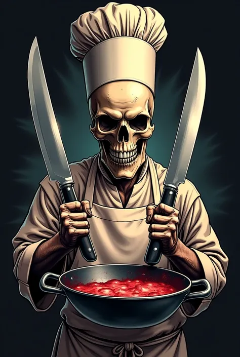 Chef tattoo skull with knife and pan behind