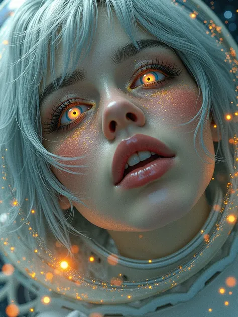 ( Close-up of a Better Masterpiece: 1.5) 0.9], (Space and astronauts: 1.2) (Disheveled silver hair: 1.1) ( Heterochromia xanthochromia and blue eyes: 1.2) (space helmet: 1.0) ( colorful stars in the eyes : 1.0) (A radiant glow: 1.1) (thick lips: 0.9)