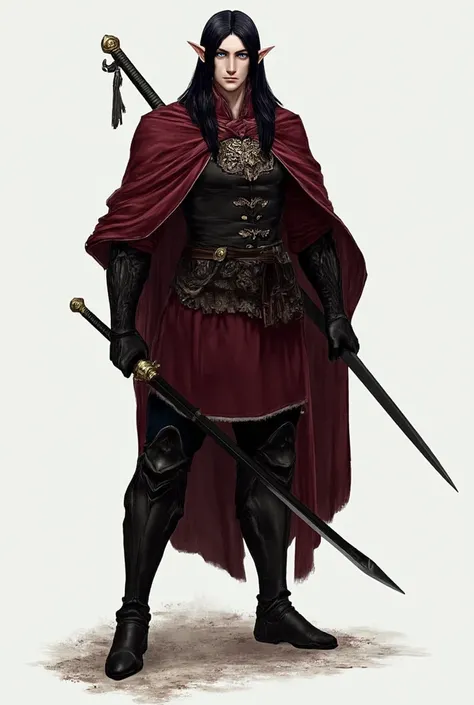 a male elf of medium height, a warrior, a thin flexible body, delicate facial features, black long straight hair, blue eyes, usually dresses in burgundy and black colors