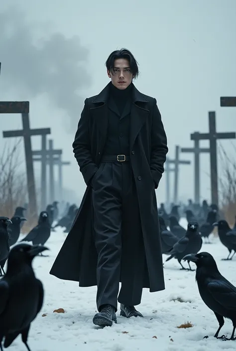 Handsome guy, in black clothes. Wide, black pants, and a long, black coat. Even and beautiful facial features, as well as dark hair. Everything is done in realism, more reality and the guy himself is real. it is winter, he is wearing a slightly warm coat. ...