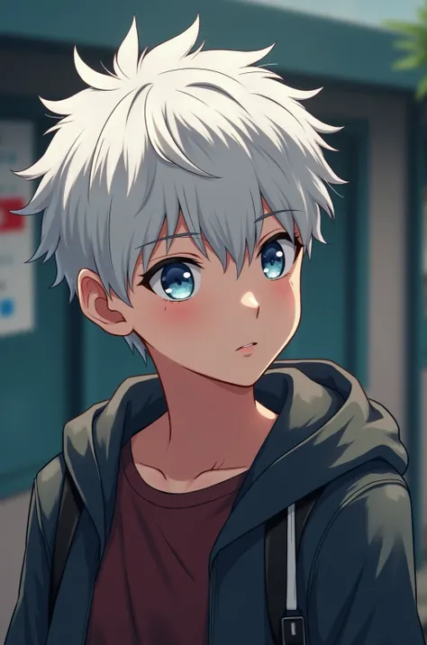 peter parker, dressed in civilian , 16 ans, white hair,  textured ruffled cut,  crystal blue eyes ,  anime-manga style ,  school background