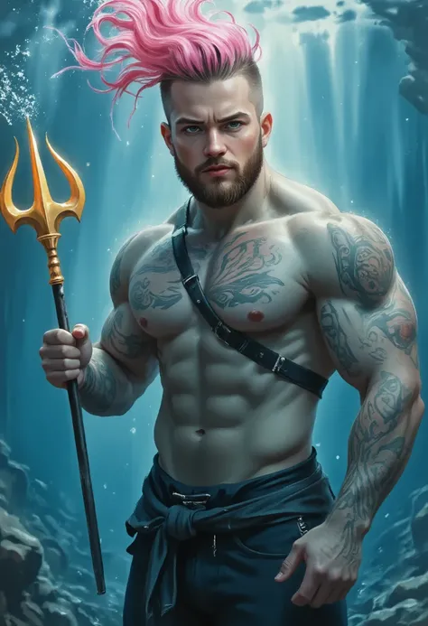 A strong man, short pink hair, short beard, has orange eyes, is underwater, has tattoos all in shades of black, has a golden trident, realistic drawing style, focus on the face