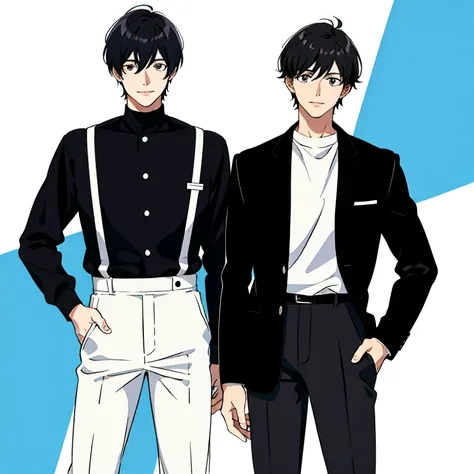 Deformed, Two Men Standing Side by Side, 25 year old man with hamburger, Black hair, Short hair, Black eyes, dressed casually, JINS, The body is facing the viewer, A smile, white backgrounid