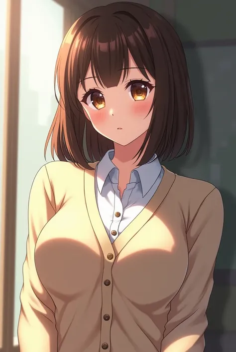 Anime girl has a fairly cute face and an hourglass figure with notable large breasts. She has a pale complexion, brown eyes with long eyelashes, and chest length shiny brown hair. She stands at a height of 154 cm and weighs 43.5 kg (96 lbs). She wears the ...