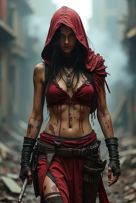 Dark fantasy art of a fierce, battle-hardened warrior woman in a tattered red hood and clothing, her body marked with blood and scars, standing in a post-apocalyptic setting, the background filled with debris and smoke, creating a gritty and intense atmosp...