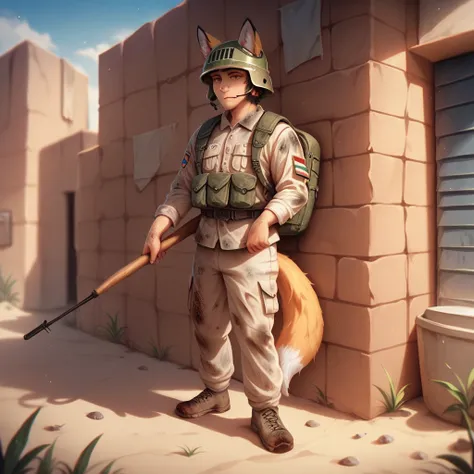 Male Soldier, Short hair, Fox ears, brown eyes, Dirty, Desert coloured military outfit, helmet, Military backpack, Helmet, Holding a M4 Assualt rifle, Leaning against a wall in an alleyway in a desert town