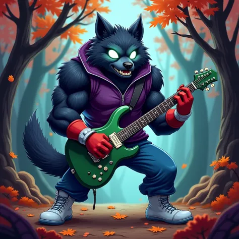  A black muscular wolf furry jock with white glowing eyes without pupils in silver bracelets, In white boots, wearing blue pants ,  in a purple zippered sleeveless sweater, wearing red gloves plays green guitar in the autumn forest at night in cartoon styl...