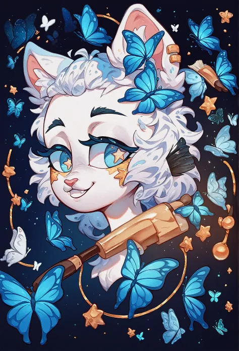 Oil painting brush strokes，Oil painting texture：Cartoon Cat Girl Portrait，Starry Eyes，White fluffy hair，Butterflies in the sky，Luminescence，blue，Phosphor，Dark solid background