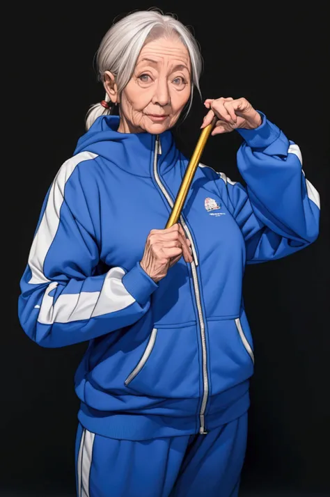 an old lady in a tracksuit holds a masterpiece in her hand a barbell,  best quality , Кинематографическая photo , photo, movie,  high resolution