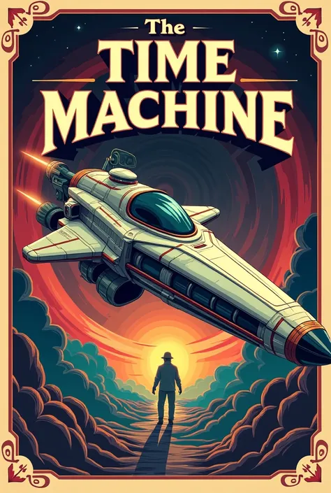 Affiche de cinéma style année 70 avec comme titre et thème "LA MACHINE À EXPLORER LE TEMPS " avec comme illustration un vaisseau qui permet ce voyage dans le temps