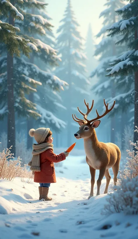  A  is walking on a snowy forest path,A deer is standing on the path , the girl is feeding the deer with a carrot , photorealistic .