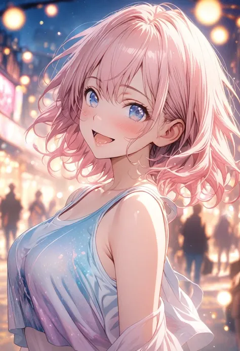 masterpiece,   best quality ,  Highly Detailed CG Unity 8k Wallpaper, High school girl anime illustration.  wear a larger tank top、 Shes closing her eyes and opening her mouth , smile.  The background is a pale pastel landscape .,  pink hair color ,  blue ...