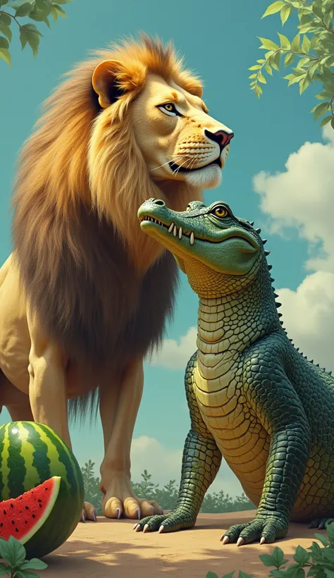 Create an image of lion and crocodile and watermelon standing together