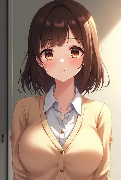 Anime girl has a fairly cute face and an hourglass figure with notable large breasts. She has a pale complexion, brown eyes with long eyelashes, and chest length shiny brown hair. She stands at a height of 154 cm and weighs 43.5 kg (96 lbs). She wears the ...