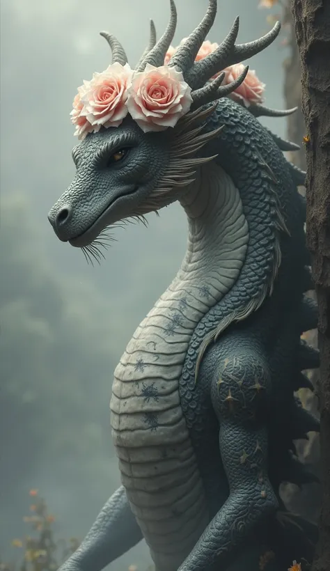 Dragon with a face faith , alas, with roses,  Tattoo on the leg and pelvis,  all in all gray 