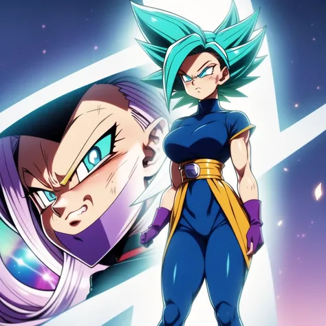 dbsuper style, 
Petite Girl, green aura, super saiyan aura, belt, purple colored hair, huge hair, bruise, bruise on face, clenched hands, frown, Mages hat, gloves, blue eyes, grey gloves, evil grin, medium breasts, petite, soft muscles, solo, spiked hair, ...