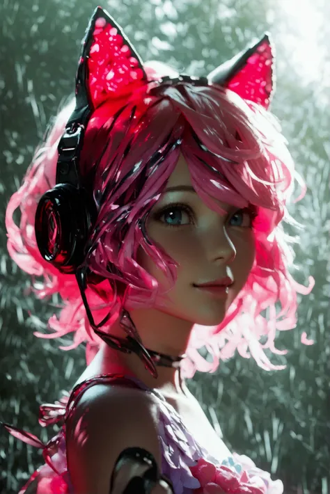 a 2d close up of the face of a smiling girl with pink hair and a cat ears outfit is standing in front of a gray background with a pink tail, looking straight at the camera, Ay-O, remodernism, unreal engine 5 quality render, a colorized photo