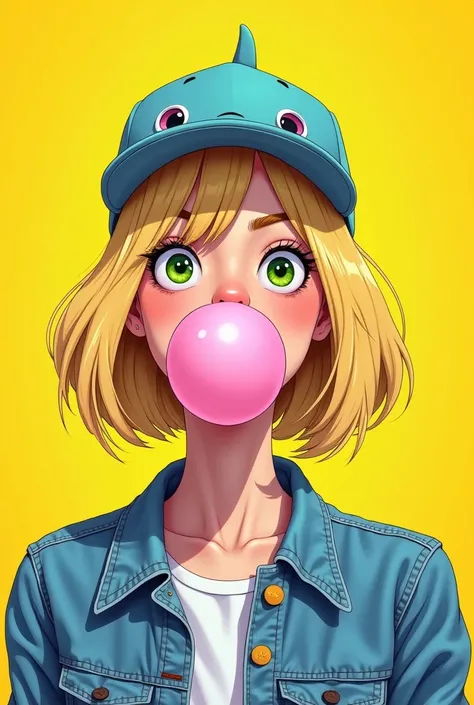 Create a 98x98 pop art, a blonde woman, green eyes, bob hair, with a narwhal cap, blowing a bubble gum, cartoon style, Cool, bored look, 90s denim clothes, yellow background