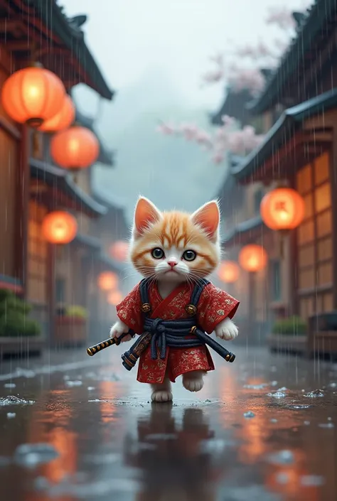  Little samurai kitten, in town when it rains 