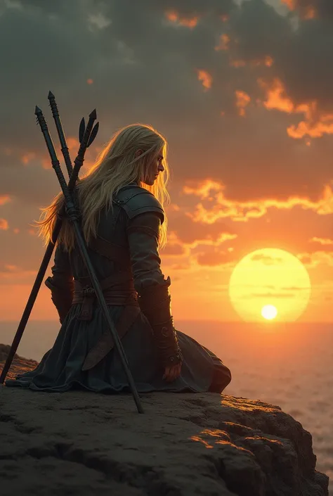 Long-blond haired swordsman ,  kneeling with several arrows on his back ,  looking out at the immensity of the universe after defeating dozens of enemies. Two suns should appear in the background at dusk 