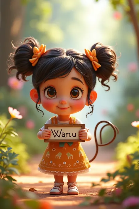 Pixar-style image of a girl with a tail and ribbon with a sign 