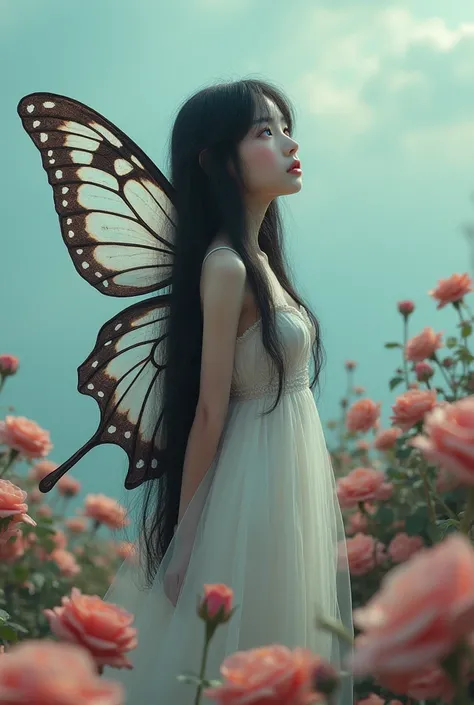 
a girl,  Transparent butterfly wings,  long black hair , desnuda,  white skin tone ,  Big blue eyes,  The place is full of big roses,  small feet. She dwarf,  very thin , imagen realista, Hands tied behind the back,  eyes closed , Open mouth, gesture of p...