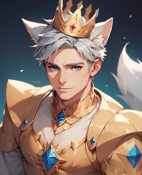 (((masterpiece))), (((best quality))), ((1guy)), solo, high contrast, 62 White male with silver hair, silver fox ears, blue eyes, silver tail, Golden crown, wears Royal clothes.