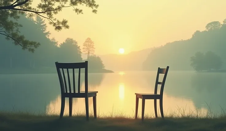 "A single empty chair facing a peaceful lake at dawn, with another chair beside it tilted slightly as if recently vacated. The soft light and calm water symbolize the peace that comes with forgiveness and the willingness to mend connections."